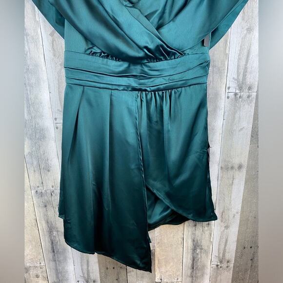 NWT Lulus Always Celebrating Dark Green Satin Off-the-Shoulder Mini Dress Large - Picture 5 of 15